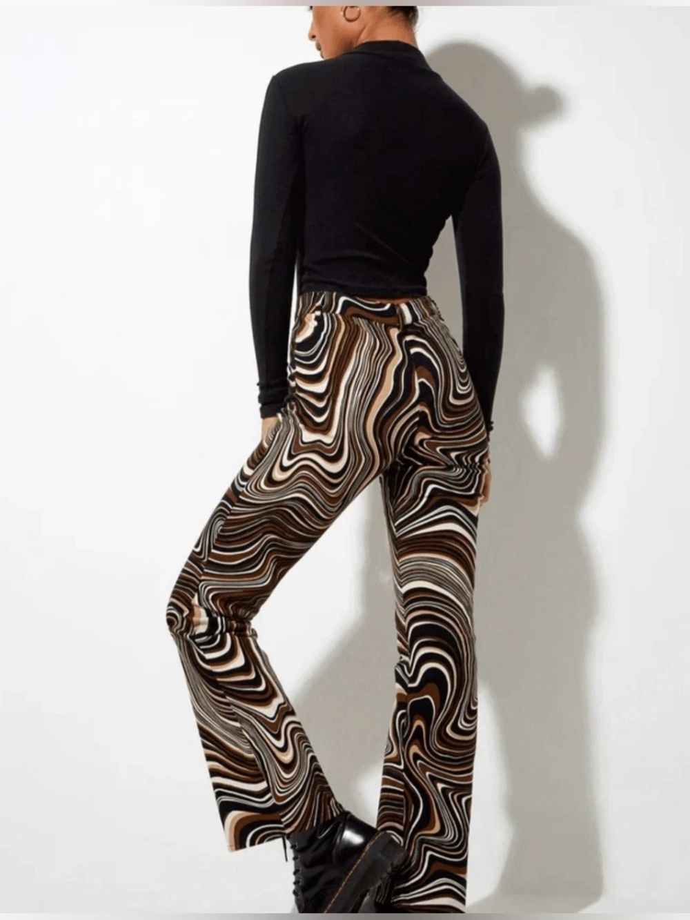 Motel Rocks Zoven Flare Pants 70s Style Ripple Wavy Swirl Brown Cream Black S